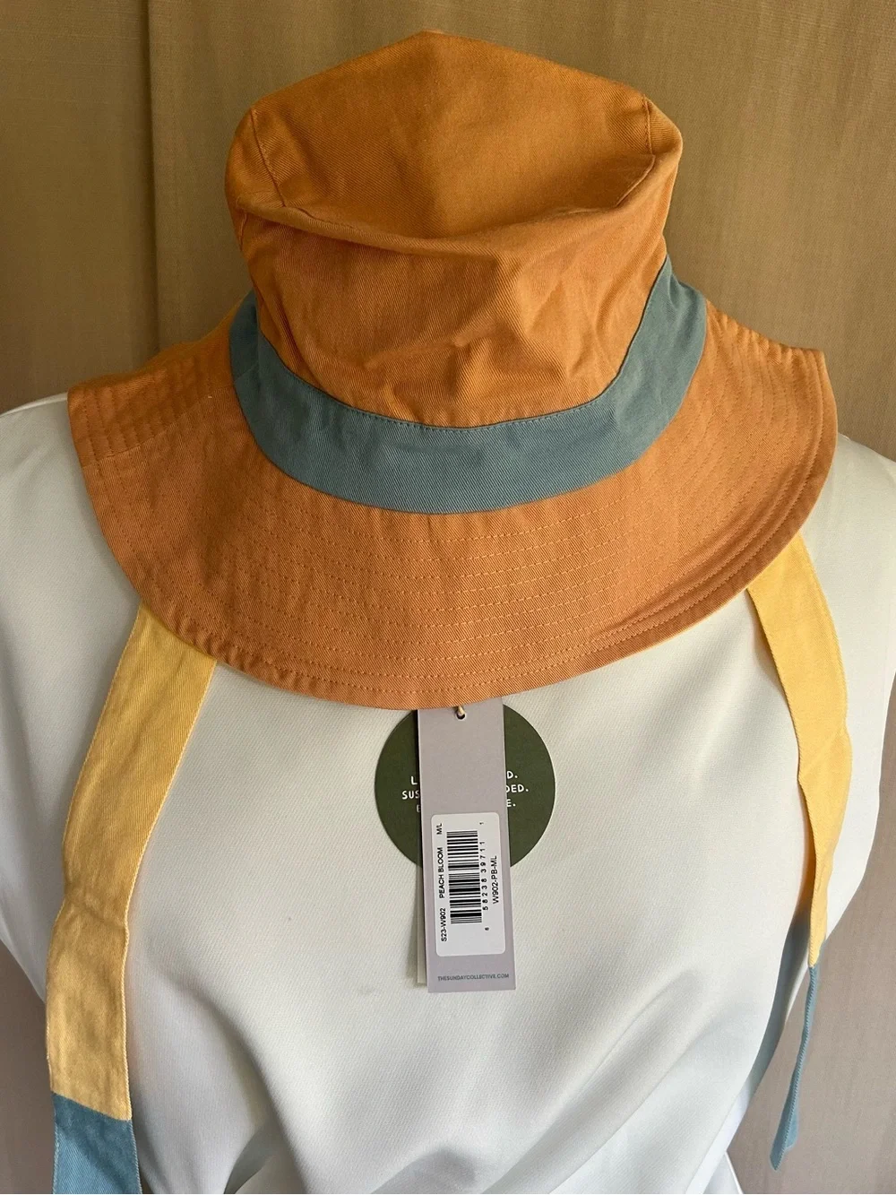 Peach and Light Blue Kids Bucket Hat with Yellow Chin Strap